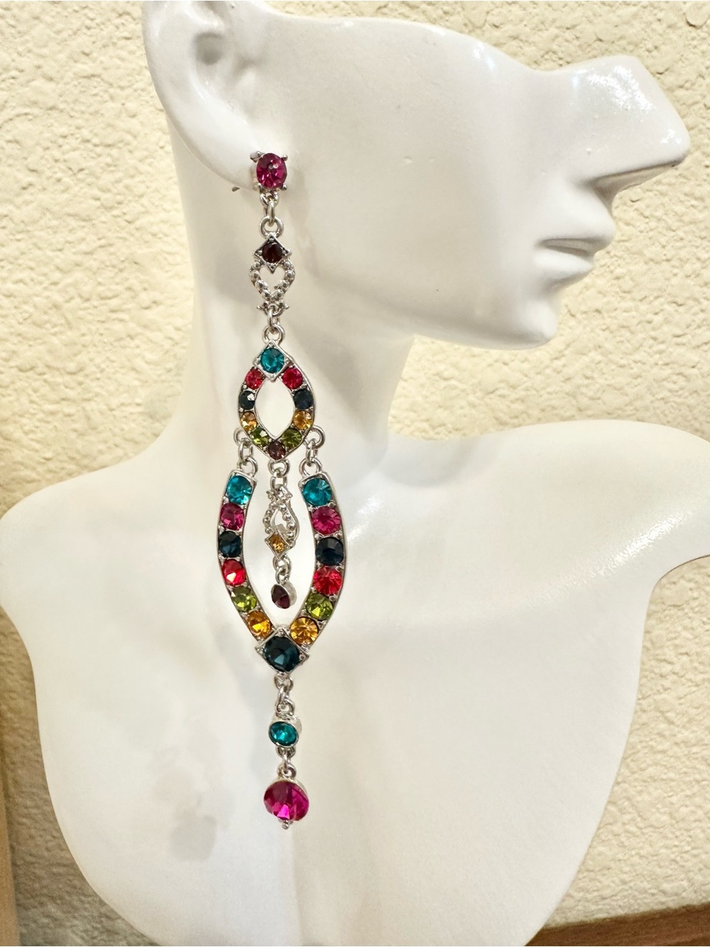 Silver-Tone Multicolored Crystal Teardrop Dangle Earrings